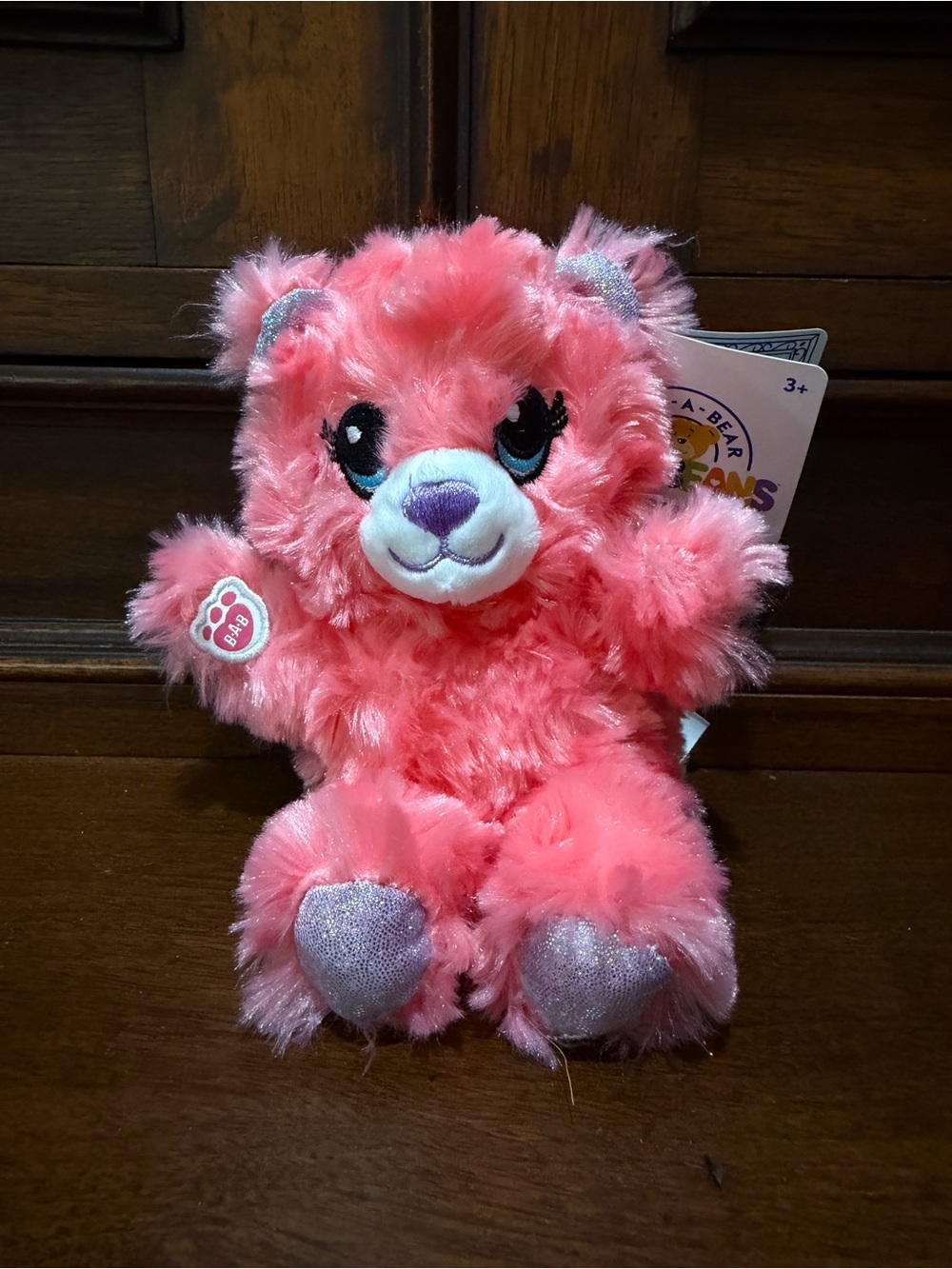 Build-A-Bear Mini Beans Coral Teddy Plush Bear with Purple Sparkle Accents